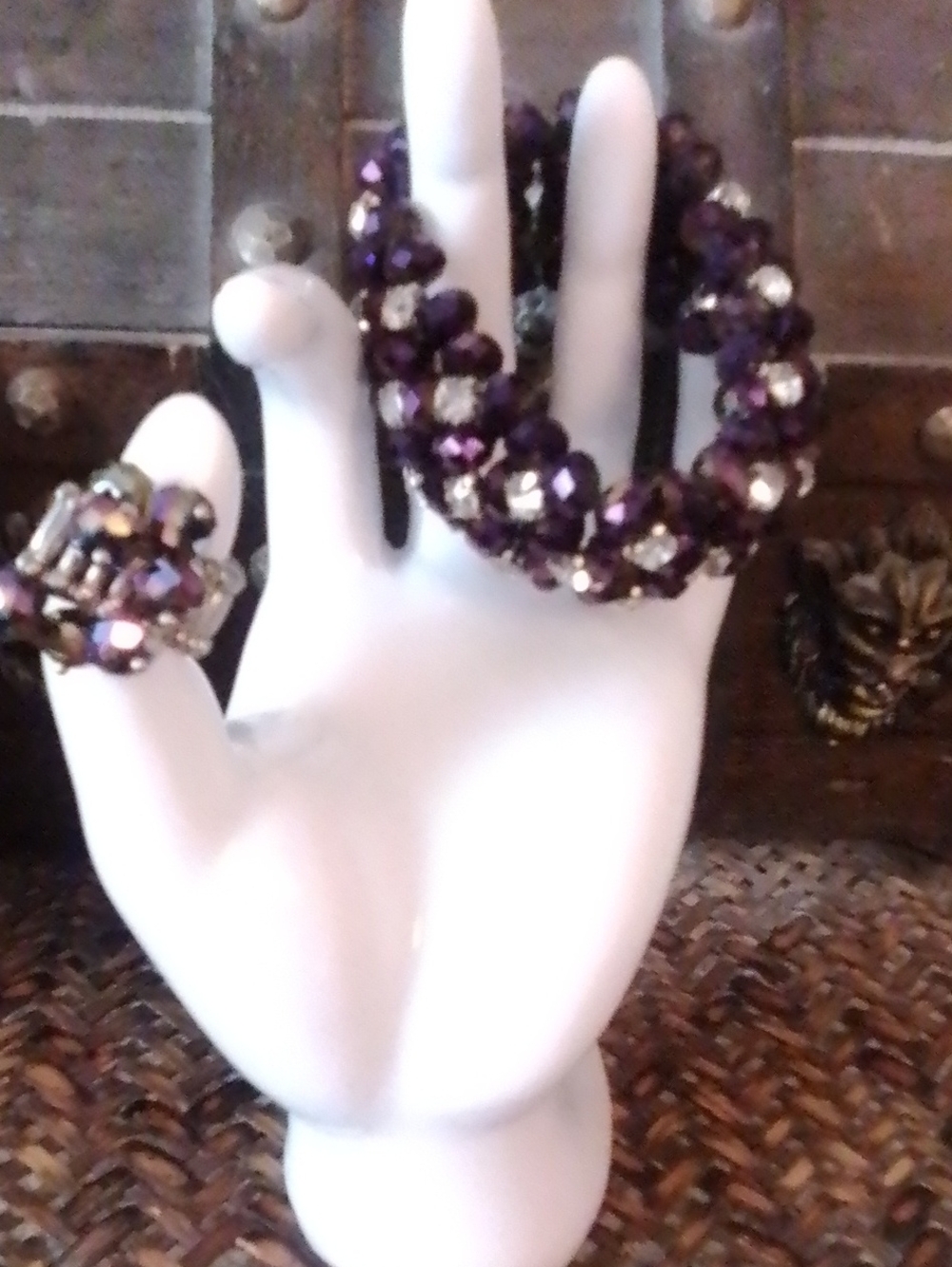 Purple Bead Cluster Bracelet and Ring Set -